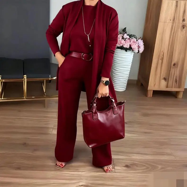 Longline Cardigan & Top & Pants 3-Pieces Set