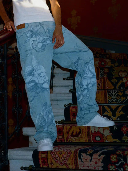 Washed Jeans With Cupid Print
