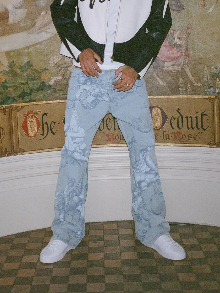 Washed Jeans With Cupid Print