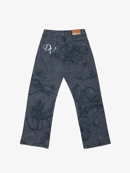 Washed Jeans With Cupid Print
